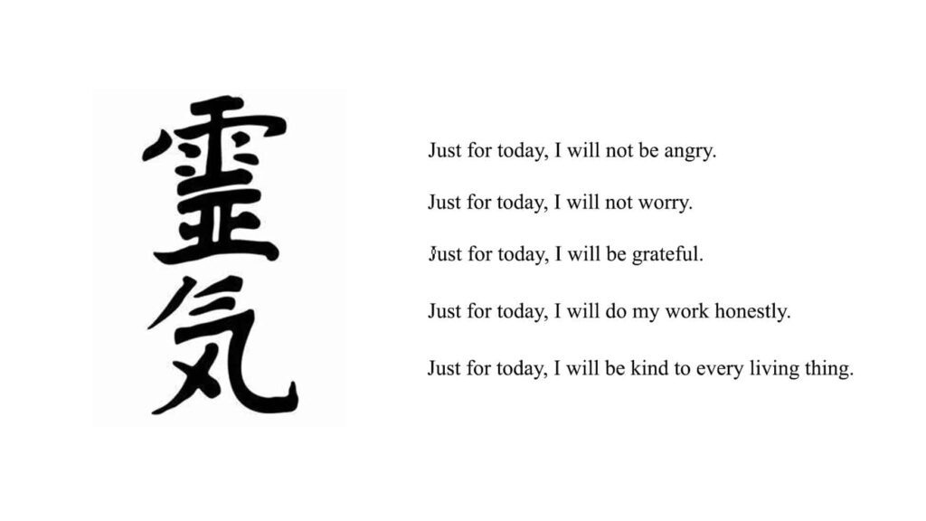Reiki principles in Japanese calligraphy alongside English translation