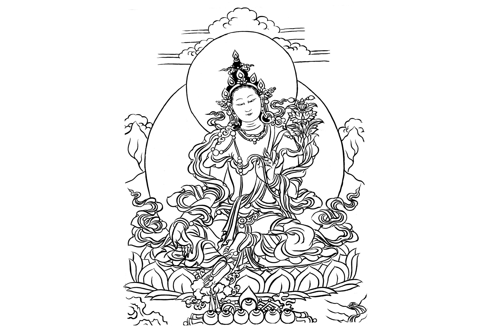 Tibetan Buddha illustration, serene pose with lotus, intricate line art