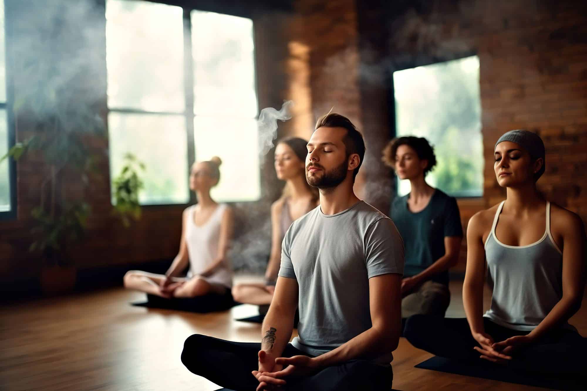 Group meditating in serene yoga studio with incense and natural light